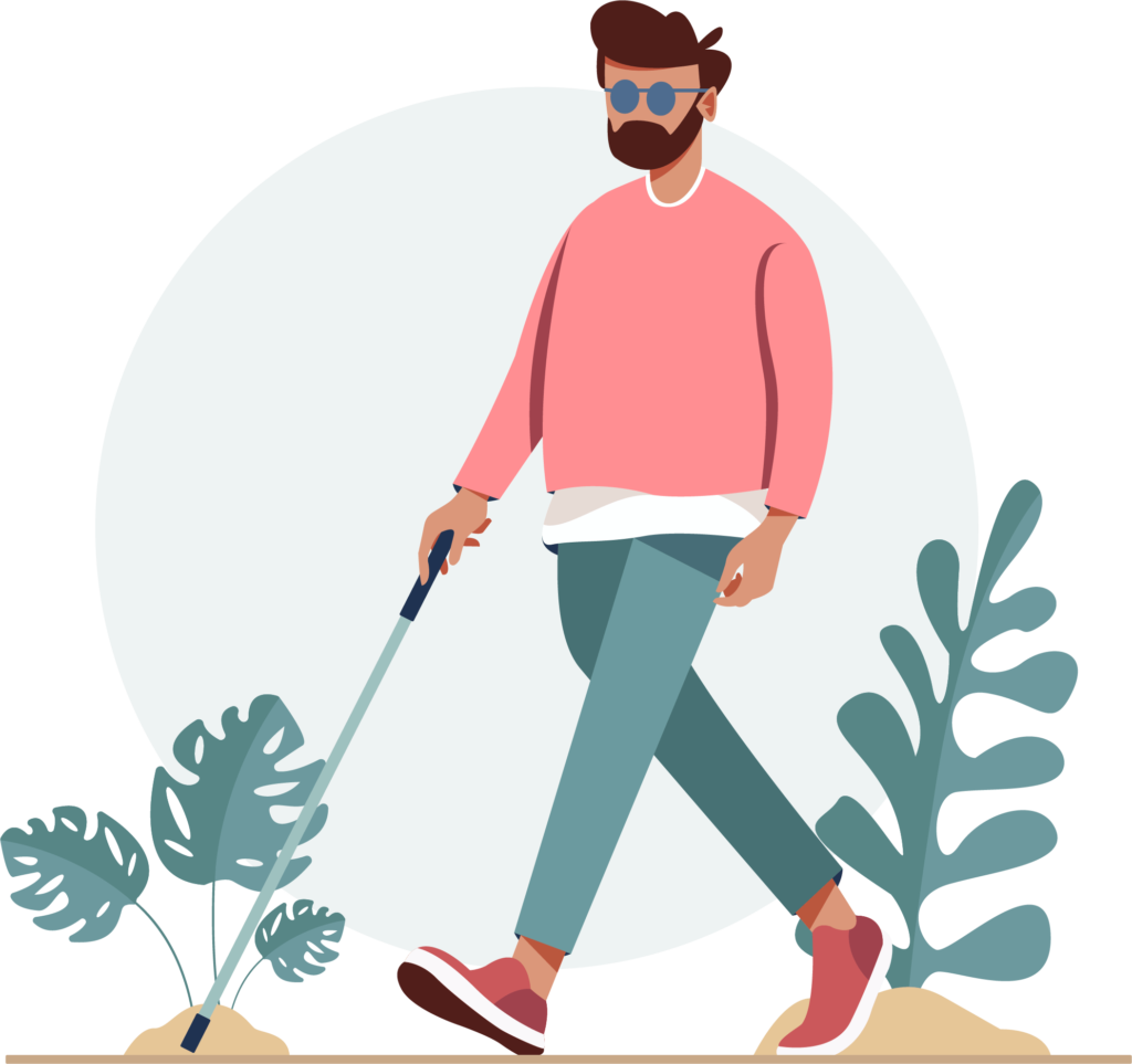 Blind man in red shirt and green pants walking through plants holding guide stick